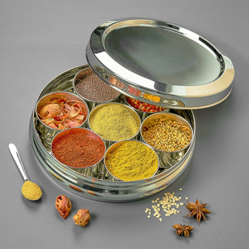 AVIAS stainless steel Deluxe spice box/ masala dani with stainless steel lid for kitchen | rust resistant steel organiser for spices/ masala | 7 compartments and SS spoon |  Small/ medium